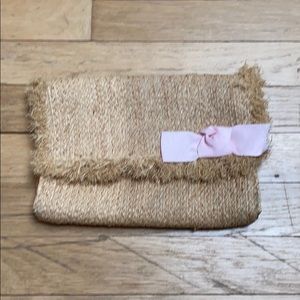 Bujibaja straw raffia clutch with pink ribbon